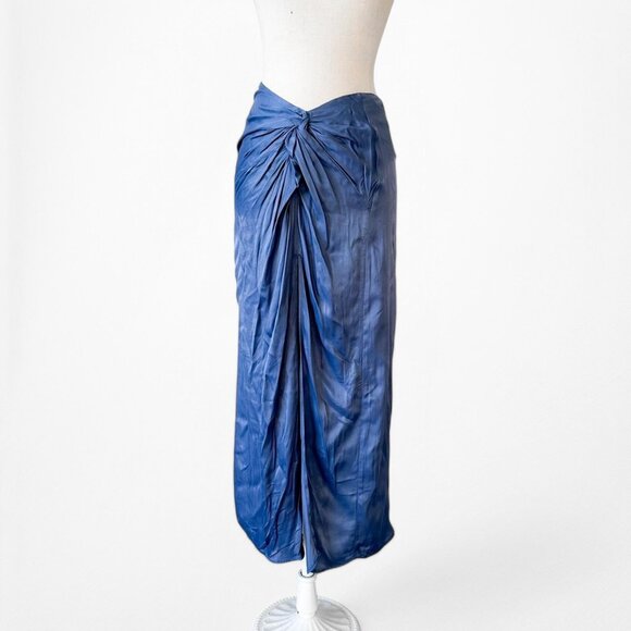 Zara Blue High Waisted Pleated High Slit Satin Midi Skirt Size XS - Picture 4 of 7